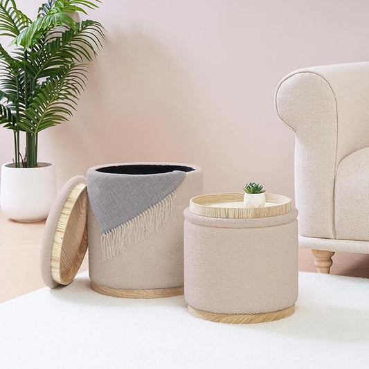 PINPLUS Round Ottoman with Storage Set of 2, Vanity Stool with Storage, Small Ottoman with Tray Teddy Velvet Foot Rest Stool for Bedroom, Living Room, Dorm (Beige)