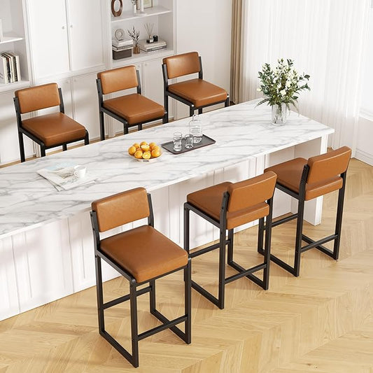 Bar Stools Set of 6, Faux Leather Counter Height Bar Stools with High Back and Metal Legs, Upholstered Bar Chairs, 26" Modern Barstools for Kitchen Island, Caramel