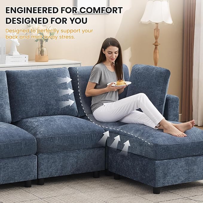4-Seater Modular Sectional Cloud Sofa, Straight-Line Couches for Living Room, Modern Upholstered Deep Seat Sofa, Chenille Blue