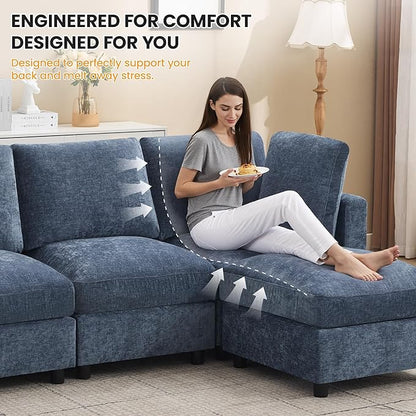 3-Seater Modular Sectional Cloud Sofa with Ottoman, L-Shaped Couch for Living Room, Modern Convertible Deep Seats Sofa, Chenille Blue