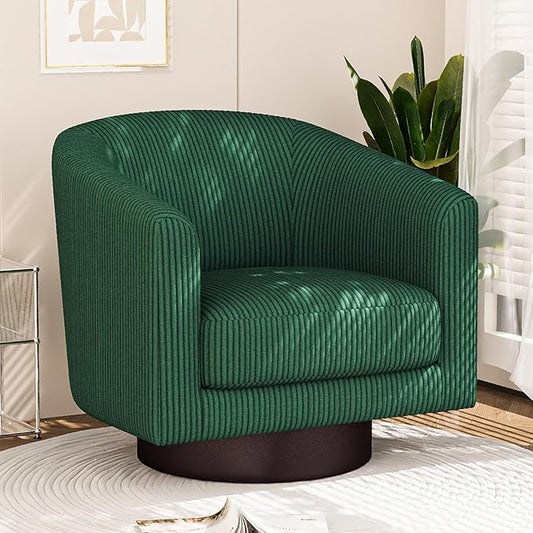 360° Swivel Accent Chairs, Modern Bucket Chair, Corduroy Barrel Armchair, Comfy Boucle Chair, Single Sofa for Living Room Bedroom. Green