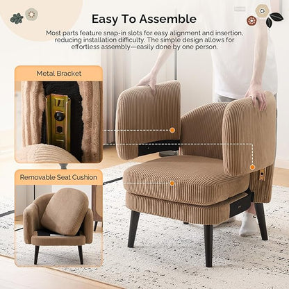 VINGLI 30.3" Wide Modern Barrel Accent Armchair with Track Armrest, Solid Wooden Legs, Comfy Upholstered Club Chair, Round Single Home Sofa for Living Room, Bedroom, Reading Room, Corduroy Khaki