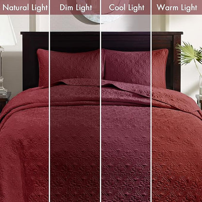 Madison Park Quebec King Size Quilt Bedding Set - Red , Damask – 3 Piece Bedding Quilt Coverlets – Ultra Soft Microfiber Bed Quilts Quilted Coverlet