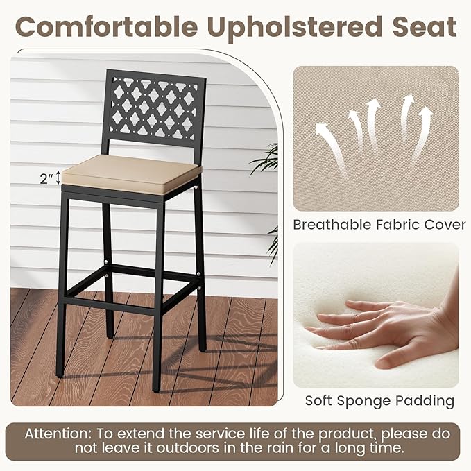 COSTWAY Outdoor Bar Chairs Set of 4, Armless Heavy-Duty Metal Frame Counter Height Chairs with Removable Cushions, Footrest, Ergonomic Backrest, Upholstered Barstools for Patio, Poolside, Backyard