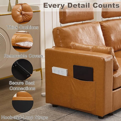 41.1" Accent Storage Sofa Chair with Ottoman, Faux Leather Living Room Chaise Lounge Chair with Headrest & Side Pockets, Modern Upholstered Comfy Arm Chairs, Sleeper Sofa, Reading Club Chairs, Brown