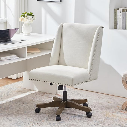 Armless Upholstered Office Chair with Wooden Legs, Modern Criss Cross Adjustable Home Office Desk Chair No Arms Sewing Chair Swivel Chair for Women Farmhouse Study Studio (Beige)