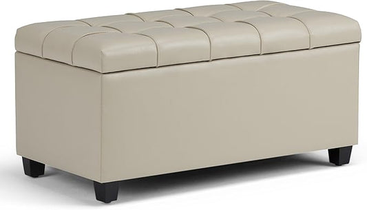 SIMPLIHOME Sienna Storage Ottoman Bench - 33 inch Wide Upholstered Vegan Leather Rectangle Storage Ottoman Bench in Stone Grey, Transitional Tufted Ottoman for Living Room or Entryway with Lift Top