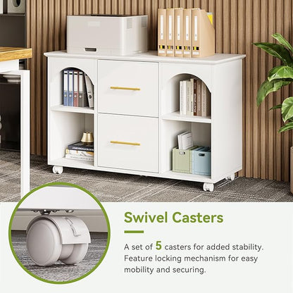 LITTLE TREE 2 Drawer Rolling File Cabinet for Home Office, 39-Inch Lateral Filing Storage Cabinet on Wheels Fits A4/Legal/Letter Size, Printer Stand with Shelves, White