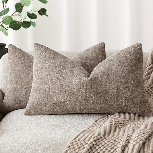 Foindtower Set of 2 Textured Chenille Throw Decorative Pillow Covers Square Accent Solid Cushion Cover Neutral Farmhouse Lumbar Pillow Case for Couch Sofa Bedroom Living Room 12x24 Inch,Light Taupe