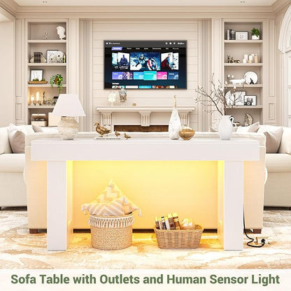 Unikito 63'' Farmhouse Console Table with Power Outlets and Sensor Light, Wooden Entryway Table with Storage, Rectangular Sofa Tables Behind The Couch for Entrance, Hallway, Living Room, White