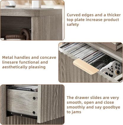 LEYAOYAO Fluted Nightstand with Charging Station, 23" Wide 2 Drawers End Table,Grey Night Stand with Open Storage Cabinet, Farmhouse Bed Side Tables, Wood Dresser for Bedroom, Living Room, Closet