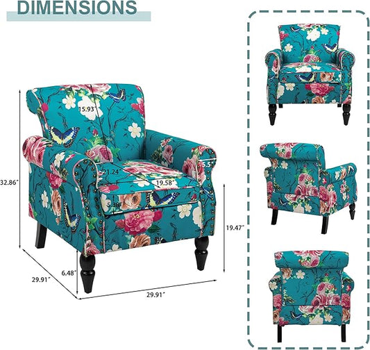 Accent Chair, Upholstered High Back Floral Armchair with Nailhead Trim & Wood Legs, Comfy Wingback Reading Single Sofa Chair for Small Spaces, Living Room, Bedroom (Blue Floral, Set of 2)