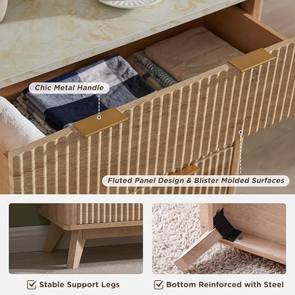 T4TREAM Fluted 5 Drawers Dresser, 48" Tall Modern Chest of Drawers with Faux Marble Top, Curved Profile Design, Wood Drawer Organizer for Bedroom, Living Room, Hallway, Entryway, Natural Oak