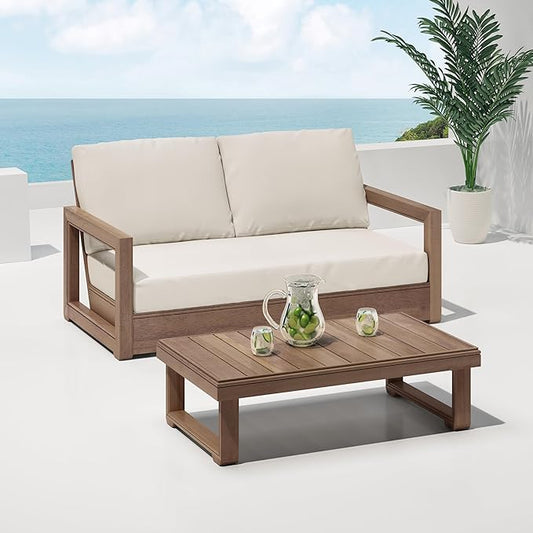 Christopher Knight Home Rammus 2 Pieces Outdoor Conversation Set, Acacia Wood Chat Set, Rectangular Coffee Table and Patio Loveseat Sofa, Slat Design Patio Furniture Set for Garden, Beige + Brown
