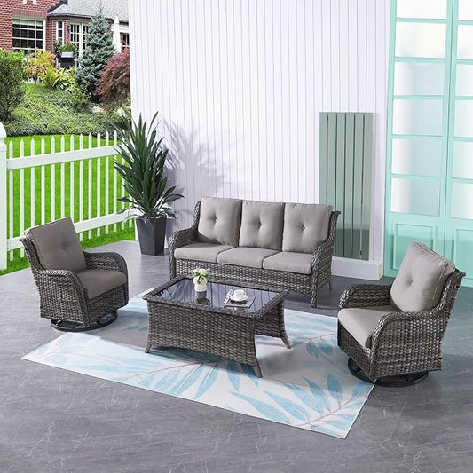 HUMMUH 4 Pieces Outdoor Furniture Patio Furniture Set Wicker Outdoor Sectional Sofa with Swivel Rocking Chairs,Outdoor Coffee Table,Grey/Grey
