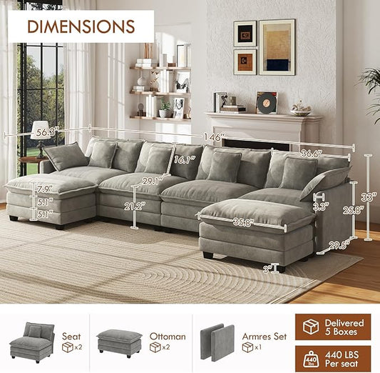 WorthFurni 146” Oversized Modular Sectional Sofa, U Shaped Cloud Couch Set for Living Room, 4-Seater Comfy Chenille Couches with 2 Movable Ottomans, DIY Combination （Grey）