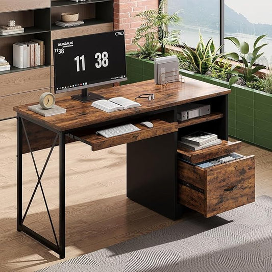 Bestier 47" Computer Desk with Drawers, Home Office Desk with Keyboard Tray, Reversible Industrial Office Desk with Storage Cabinet for Small Space Home Office & Studio, Rustic Brown