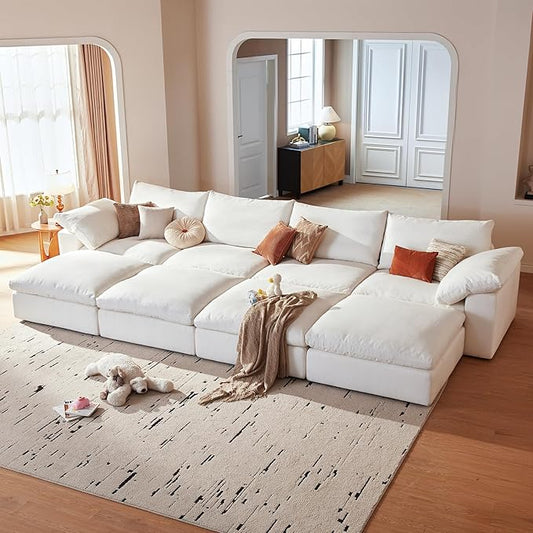 Modular Cloud Sofa, 141.7" Cloud Sectional Couches with Deep Seat, 4-Seat Couch with Ottoman for Living Room, Modern Comfy Couch with Washable Cover, Wide Armrest (White,4 Ottomans)