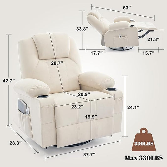 Oversized Swivel Rocker Recliner Sofa Chair with Heat and Massage, Large Big Recliner for Living Room,360 Degree Swivel Rocking Single Sofa with Cup Holders and USB Port(Fabric, Light Beige)