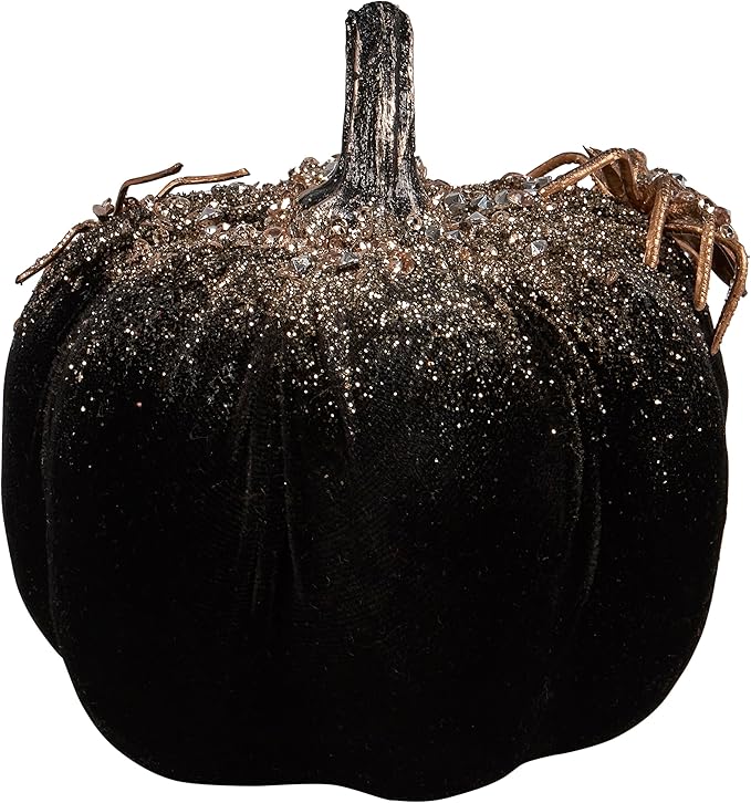 Primitives by Kathy Sesonal Home Decor Accessory Black and Gold Glitter and Jewels Spider Pumpkin, 5.25' Diameter x 6.25', Halloween Decorative Pumpkin
