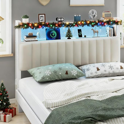 VINGLI King Size Headboard Only, Adjustable Upholstered Headboard with 2 Tier Shelves and Pegboard with Charging Stations and LED Lights, Modern Bed Headboard with Storage for Bedroom Decor