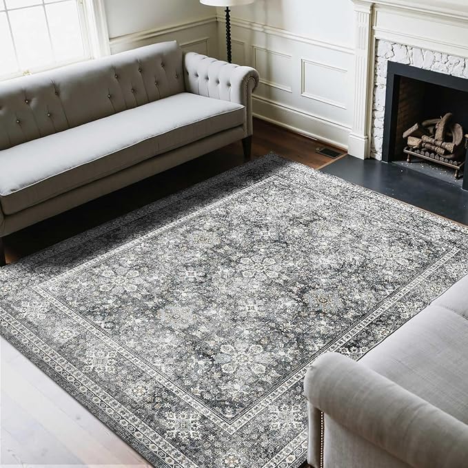 VEVOR 8 x 10 ft Area Rug Large Washable Rug Non-Slip and Tear-Resistant Soft Carpet Pet & Child Friendly Vintage Area Rugs Indoor Mat for Bedroom Living Room Kids Room Entryway Office Gray