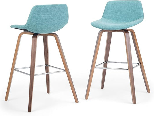 SIMPLIHOME Randolph Counter Stools (Set of 2) - 28 Inch Seat Height Upholstered Bentwood Kitchen Seats in Aqua Blue Linen Look Fabric, Mid Century Modern Seating with Curved Backrest and Footrest