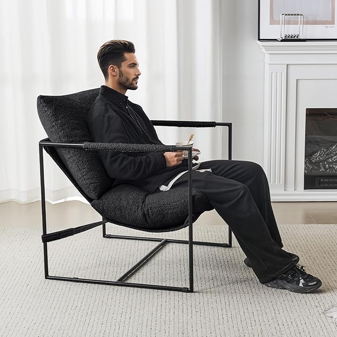 Furnilivng Large Sling Accent Chair Set of 2, Comfortable Boucle Fabric Arm Chair, Upholstered Cozy Reading Chair for Living Room, Bedroom, Dressing Room, Home Office, Black