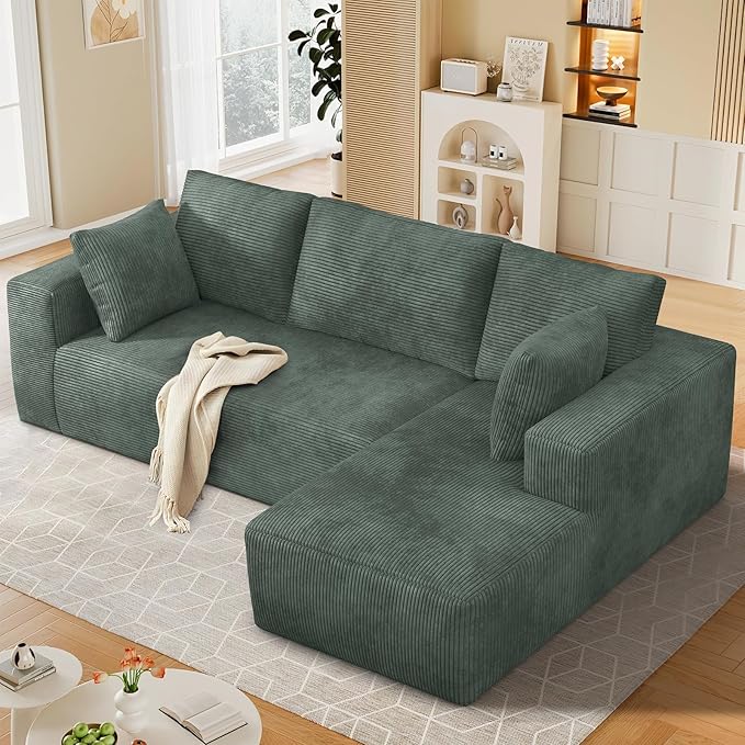 108” Cloud Sectional Couch, Modular Sectional Sofa with Deep Seat, Corduroy Boneless Couches with Chaise for Living Room Bedroom, No Assembly Required