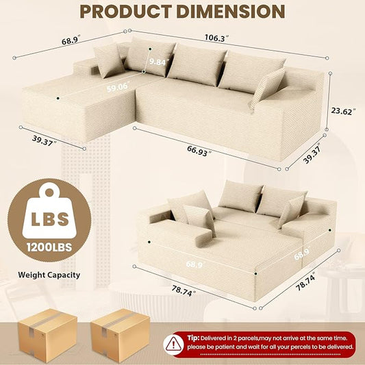 LEVELEVE 107" Cloud Sectional Couch with Deep Seat，Modern Modular Sofa with L-Shape Chaise，No Assembly Required, Upholstered Couches for Living Room Bedroom(Beige,Left Facing Chaise)
