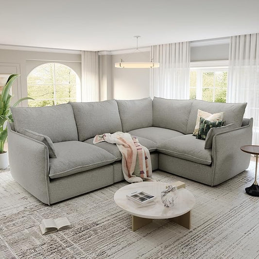 Cloud Modular Sectional Sofa, Waterproof Down Filled Sectional Sofas, High Backrest 4 Seater Sectional Couches for Living Room, Modern Modular Couch with Removable Cover, Light Gray