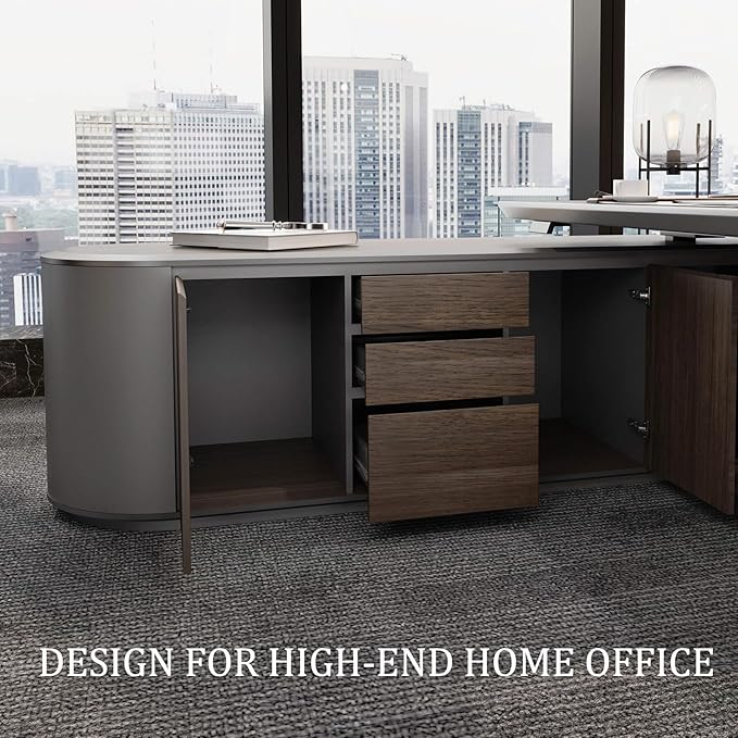 86.6" Reversible L-Shaped Adjustable Height Executive Desk with Oval Storage Cabinet - Black/Brown Standing Desk, Rounded Corners, 3 Drawers & 2 Door Compartments, Flexible Home & Office Workstation
