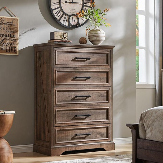 ACCOHOHO Farmhouse 5 Drawers Dresser Chests for Bedroom,46" Tall Wood Rustic Chest of Drawers with Wide Metal Handle,Natural Texture,Drawer Organizer for Bedroom,Living Room,Hallway and Entryway,LB