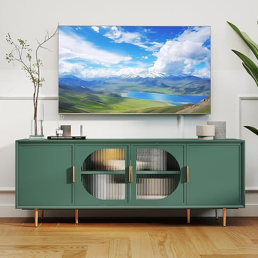 66" Modern TV Stand for TVs up to 75",TV Cabinet with Glass Door,Entertainment Center with Storage,Television Stands with Gold Legs,Media Console for Bedroom,Living Room,Green