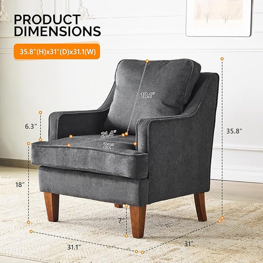 VINGLI Mid-Century Modern Accent Chair, Black Upholstered Armchair Comfy Sofa Chair Reading Chair High Back for Living Room Bedroom Furniture Apartment