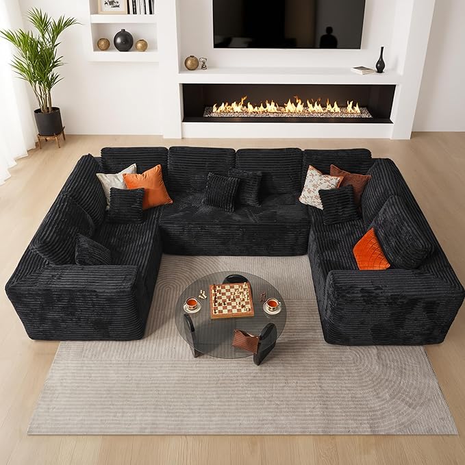 135.4'' U Shaped Sectional Couches for Living Room, Large Boneless Cloud Couch, Modern Modular Sofa Deep Seat Plush Corduroy, No Assembly Required,Plush Corduroy,Black