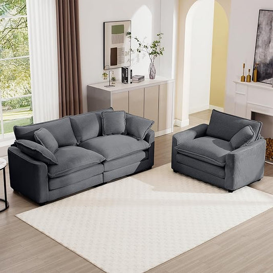 mikibama Luxury 2 Piece Sofa Set, Loveseat Couch & Sofa Armchair Set, Modern Corduroy Comfy Cloud Couches Set for Living Room Office with 2 Armrest Pillows and 3 Toss Pillows, Grey
