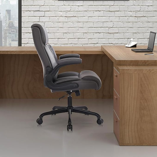 Youhauchair Executive Office Chair, Ergonomic PU Leather Computer Desk Chair with Lumbar Support, Flip-up Armrests and Adjustable Height, for Home Office, Brown