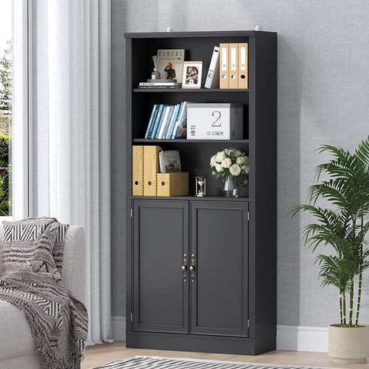 72'' Tall Bookcase with Doors, Adjustable Shelves, P2 MDF Construction, 32'' Wide Freestanding Cabinet with Metal Handles, Hidden Storage for Living Room, Bedroom, Black