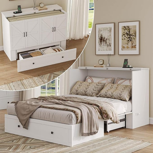 Full Size Murphy Bed with Charging Station - Wall Mounted Hideaway Cabinet Bed, Foldable Panel & Large Storage Drawer for Home Office,Small Room,Guest Bedroom,Living Room, White