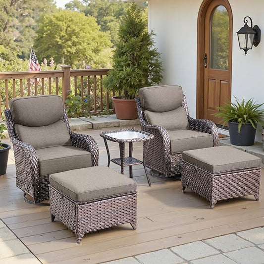 Belord Luxury 6" Thick Cushioned 5 Pieces Patio Furniture Set with 2 Ottomans, Wicker Outdoor Conversation Set with High Back Swivel Rocker Patio Chairs for Deck Porch Yard and Poolside - Brown+Grey