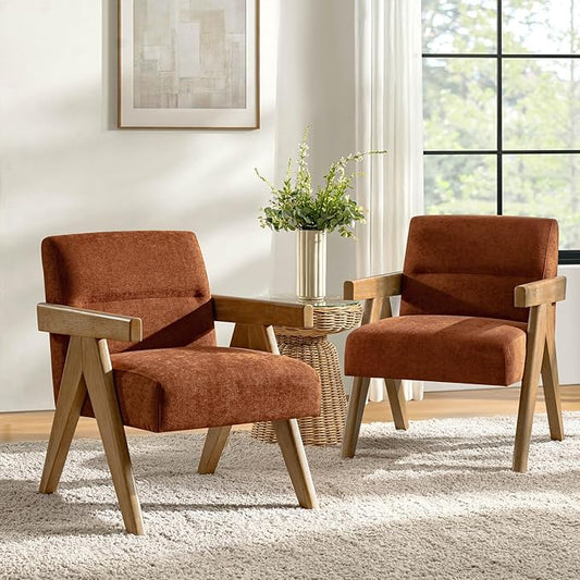 HULALA HOME Modern Accent Chair, Upholstered Arm Chair with Solid Wood Frame, Comfortable Padded Seat and Back, for Living Room, Bedroom Set of 2, Rust