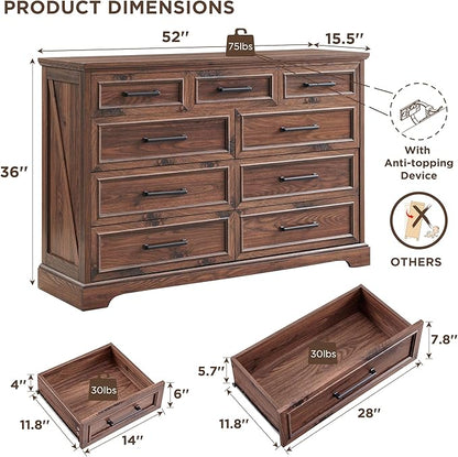 ACCOHOHO Farmhouse 9 Drawer Dresser for Bedroom, 36 Inch Tall Modern Dresser TV Stand with Large Drawers & Bar Handles, Rustic Wood Chest of Drawers for Bedroom, Living Room, Hallway, Brown