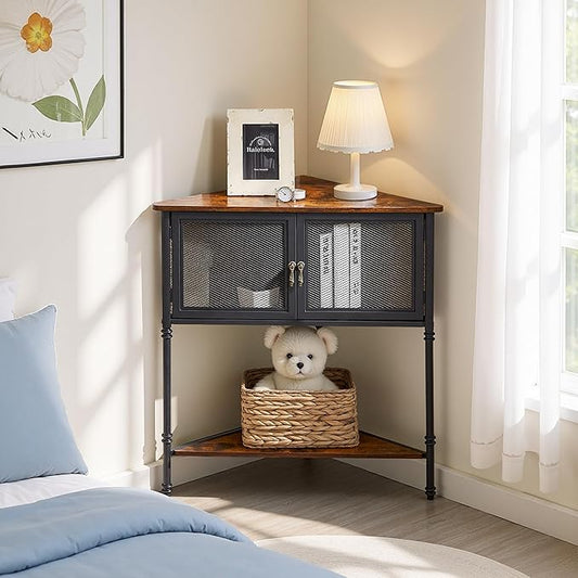 VECELO 3 Tier Corner Cabinet,Corner Table Shelf with Storage Cabinet,Industrial Metal Frame and Wood Shelves Organizer for Small Spaces in Living Room/Bedroom/Kitchen