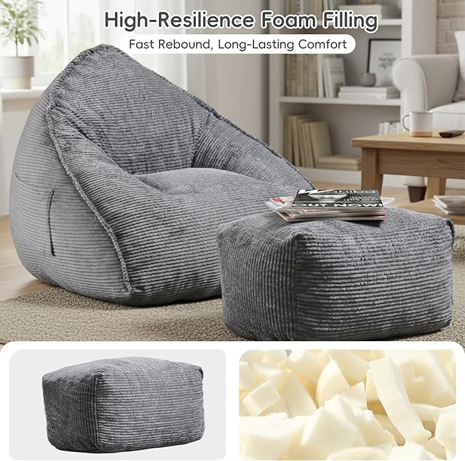 Cloud Bean Bag Chair with Ottoman for Adults, Comfy Corduroy Chaise Lounge Chair with High-Resilience Foam, Oversized Boneless Reading Chair for Bedroom & Living Room