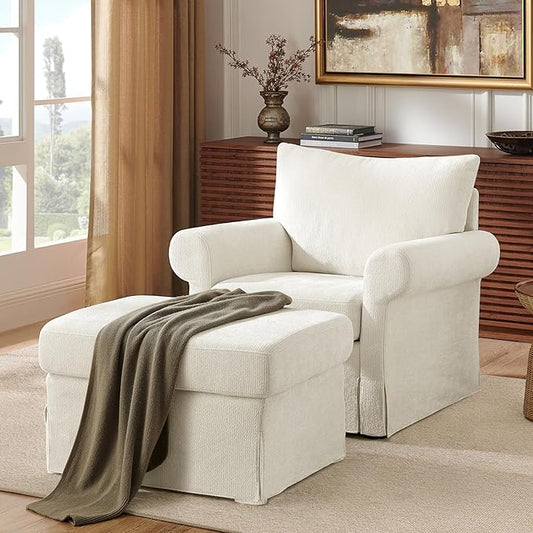 Modern Accent Chairs with Ottoman Set, Comfy Chenille Reading Armchair with Rolled Arms and Cushion Backrest, 35.8" W Single Living Room Chairs for Bedroom, Study, Apartment, Beige
