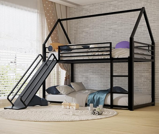 Twin Over Twin Bunk Bed with Slide,House Shaped Bedframe w/Ladder, Heavy Duty Low Bunk Bed Frame with Guardrail,No Box Spring Needed & Easy Assemble(Black)