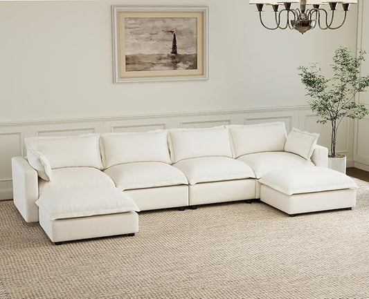 chairus 126" Modular Sectional Sofa with 2 Moveable Ottoman Upholstered Deep Seat Linen Couch Set with Soft Pillows U Shaped Sofa Couch for Living Room, Apartment, Reception Room, 4-Seater/White