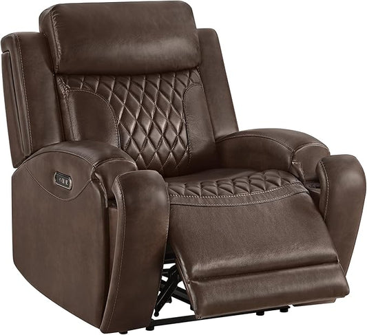 CHITA Genuine Leather Recliner Chair for Adults with Adjustable Power Headrest, Lay Flat Power Recliner with Slide-Out Cupholders & USB/Type-C Ports, Living Room Chair, Brown