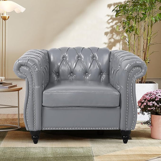 Accent Sofa Chair for Living Room, Modern PU Leather Upholstered Armchair, Oversized Comfy Single Sofa Chair with Cushion, Mid Century Tufted Chesterfield Sofa Couch for Bedroom, Apartment (Grey)